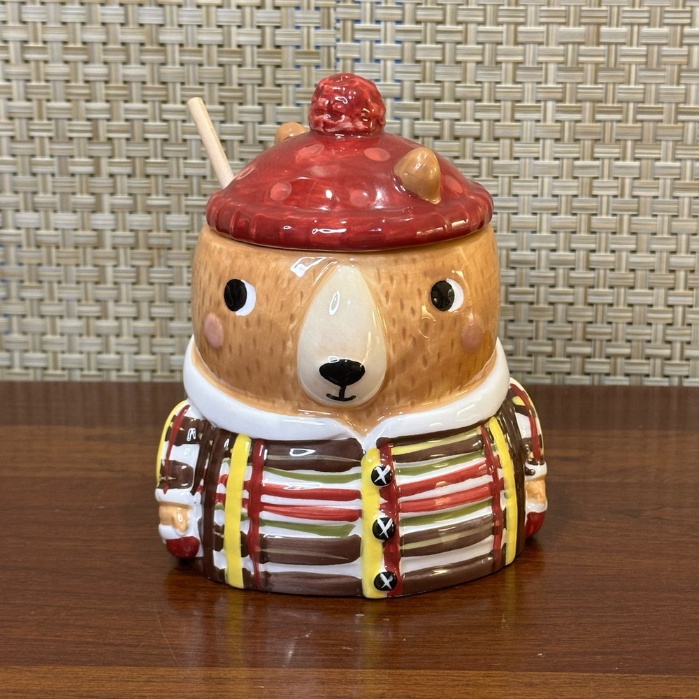 🌟2xHP🌟2020+ Sur La Table Ceramic Bear Honey Pot Wooden Dipper Woodland